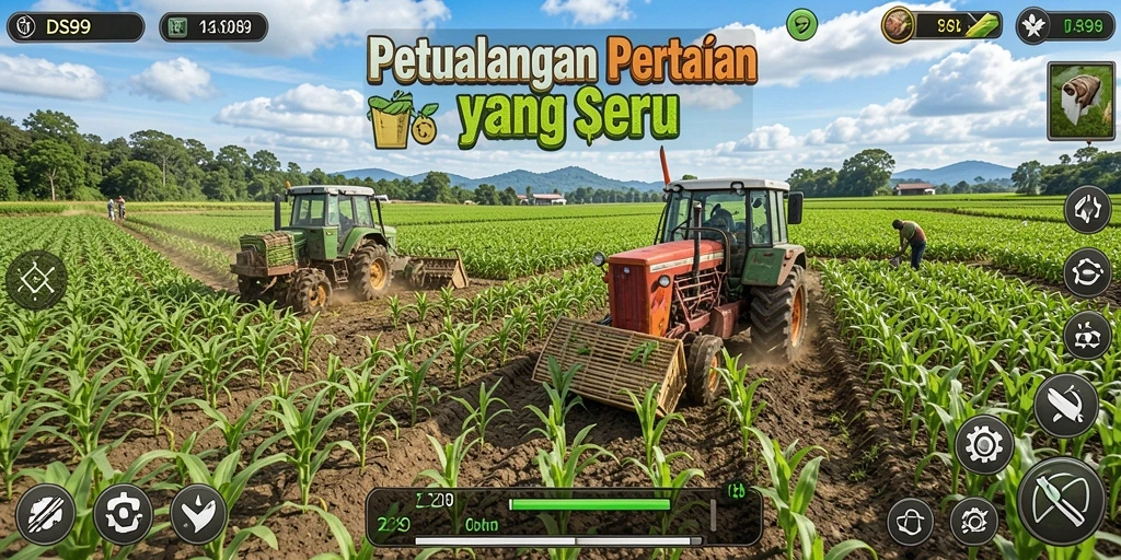 Tangkapan layar gameplay DS99 menampilkan ladang subur dan aktivitas pertanian.