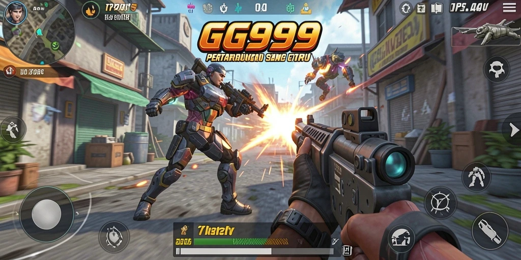 Screenshot utama GG999 menampilkan aksi menembak yang intens dan grafis menakjubkan.