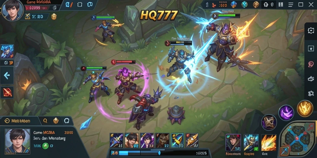 Tampilan seru dari gameplay HQ777 yang mengesankan dalam pertempuran MOBA.