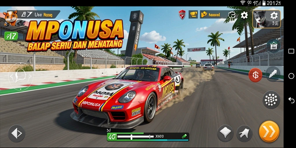 Screenshot gameplay MPONUSA menampilkan aksi balap yang mendebarkan.