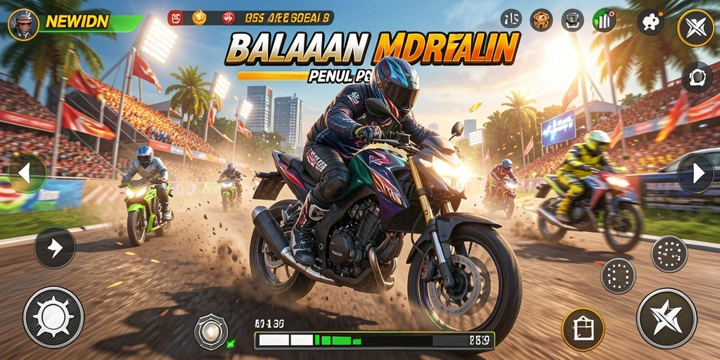 Screenshot gameplay balap motor yang seru dan mendebarkan.