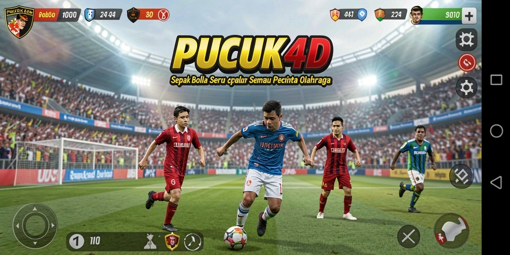 Screenshot utama menampilkan aksi seru dalam permainan sepak bola.