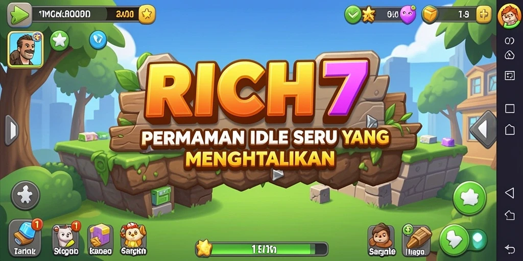 Screenshot utama RICH7 menampilkan gameplay Idle yang menarik dan menyenangkan.