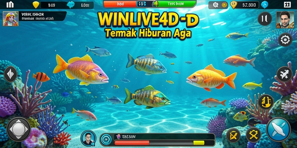 Gambar menampilkan gameplay seru dalam WINLIVE4D saat menembak ikan.